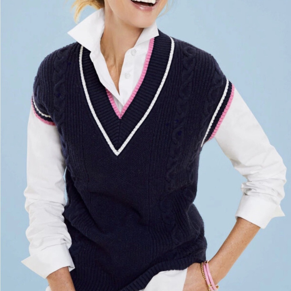 Talbots Plus Drop Shoulder Cable Knit Sweater Vest Blue Pink SZ S Preppy Tennis‎